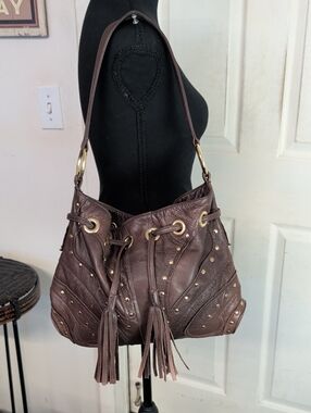 Bulga Studded Brown Leather Hobo Bag Y2K Tassel Bag